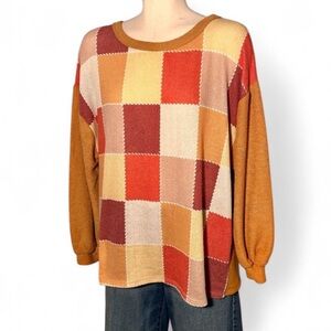 Bibi Patchwork Colorblock Oversized Knit Sweater M Warm Fall Colors